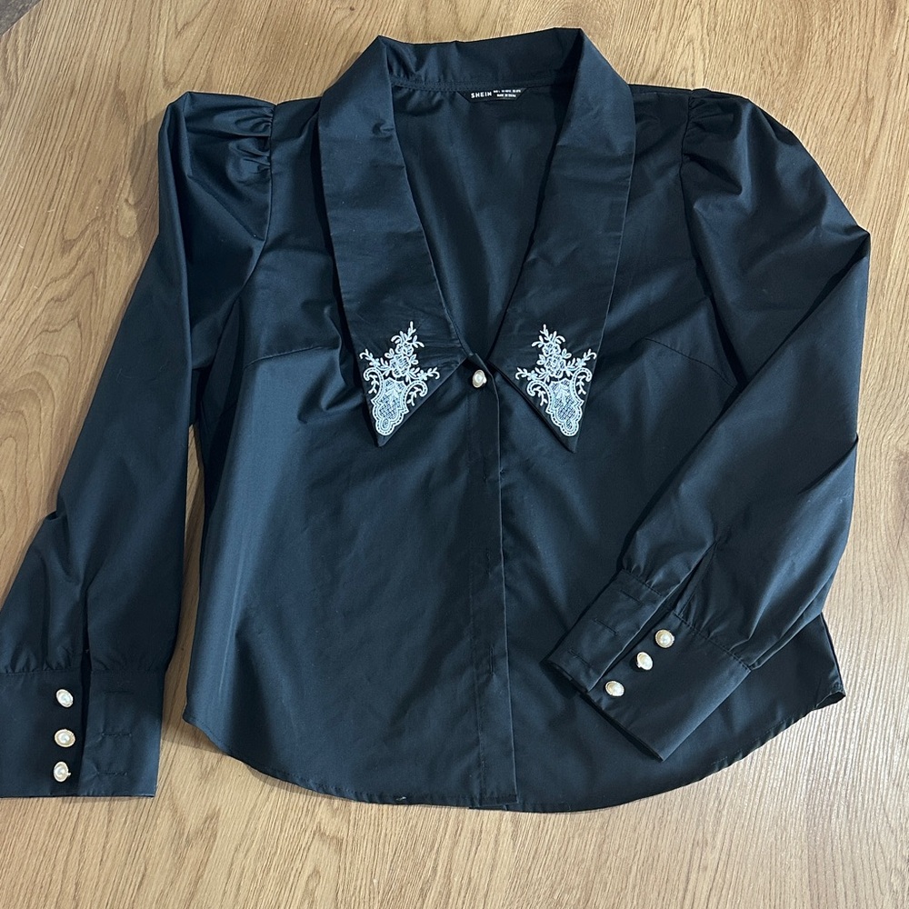 SHEIN Black Blouse with White Embroidery
